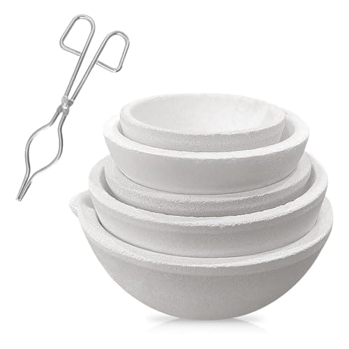 6 Pack Ceramic Crucible Bowl with 7.87" Crucible Tong, 1000g/500g/250g/150g/100g Quartz Ceramic Crucible Melting Dishes Pot for Casting Refining Torch Melt Jewelry Gold Silver Brass Alloy