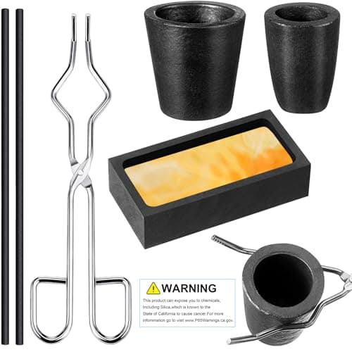 FoldTier 6 Pcs Crucible Metal Melting Kit, Include 2 Clay Graphite Crucible for Gold Melting Metal, 2 Graphite Stir Rod Stick, 1 Crucible Tong, 1 Graphite Torch Smelting Casting Ingot Mold for Melting