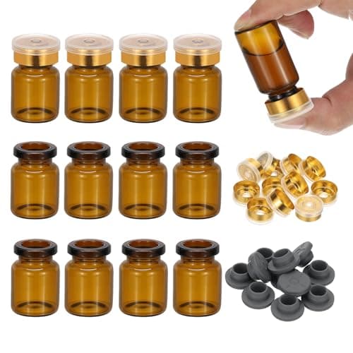 PATIKIL 12pcs 5ml Amber Borosilicate Glass Sample Vials with Aluminum Plastic Cap and Rubber Stopper for Lab Solid Liquid Powder Storage, Gold Plating