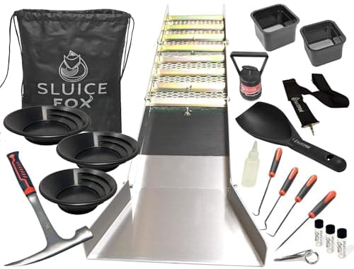 Complete Gold Mining Kit; Folding 50 inch River Sluice Box; Prospecting Equipment; Rock Pick Hammer; Gold Classifiers; Pay Dirt Scoop; Crevice Tools and More Gold Prospecting