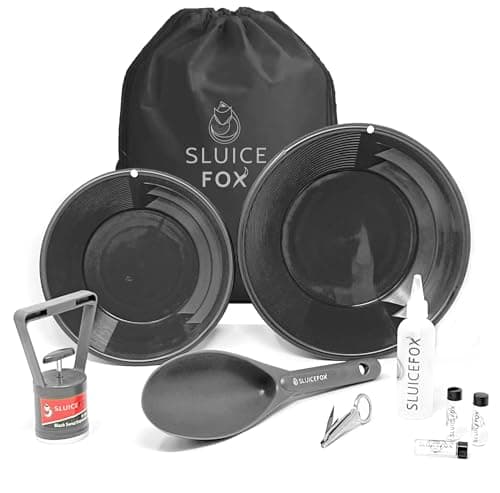 Gold rush panning kit with carry bag; 10-piece prospecting tools for adults and kids. Gold pan accessories; Black sand magnet, plastic gold shovel, snifter bottle, tweezers and gold vials Black