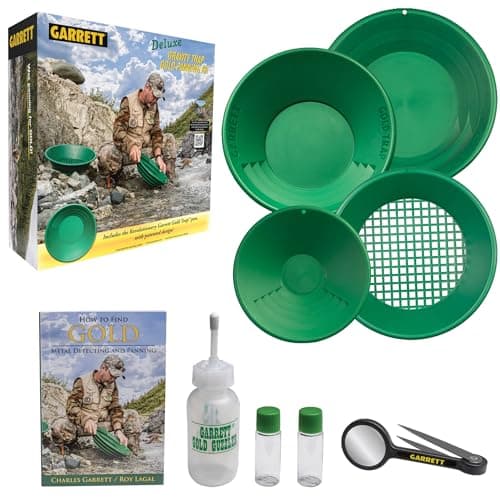 Garrett Deluxe Gold Pan Kit – Includes 14″ Gold Trap, 15″ SuperSluice, Classifier, 10″ Pan, Guzzler Bottle, Tweezers, Vials – Complete Prospecting Set
