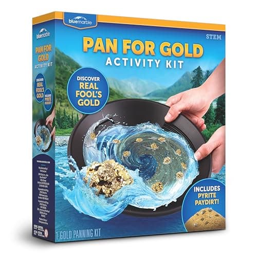 Blue Marble Gold Panning Kit for Kids - Learn to Pan for Gold, Includes Pay Dirt with Real Pyrite Specimens, Reusable Panning Pan, Vial, Tweezers & More