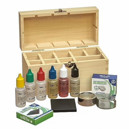 Jewelry Testing Kit 10K, 14K, 18K, 24K Gold, Silver, Platinum Test Solutions with Scratch Stone, 30X Loupe, Instructions, and Bamboo Storage Box