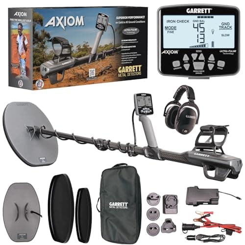 Garrett Axiom - Made in The USA - Pro Gold Metal Detector with 13"x11" DD Coil, 11"x7" Mono Coil, Wireless Headphones, Battery Booster, and Travel Pack